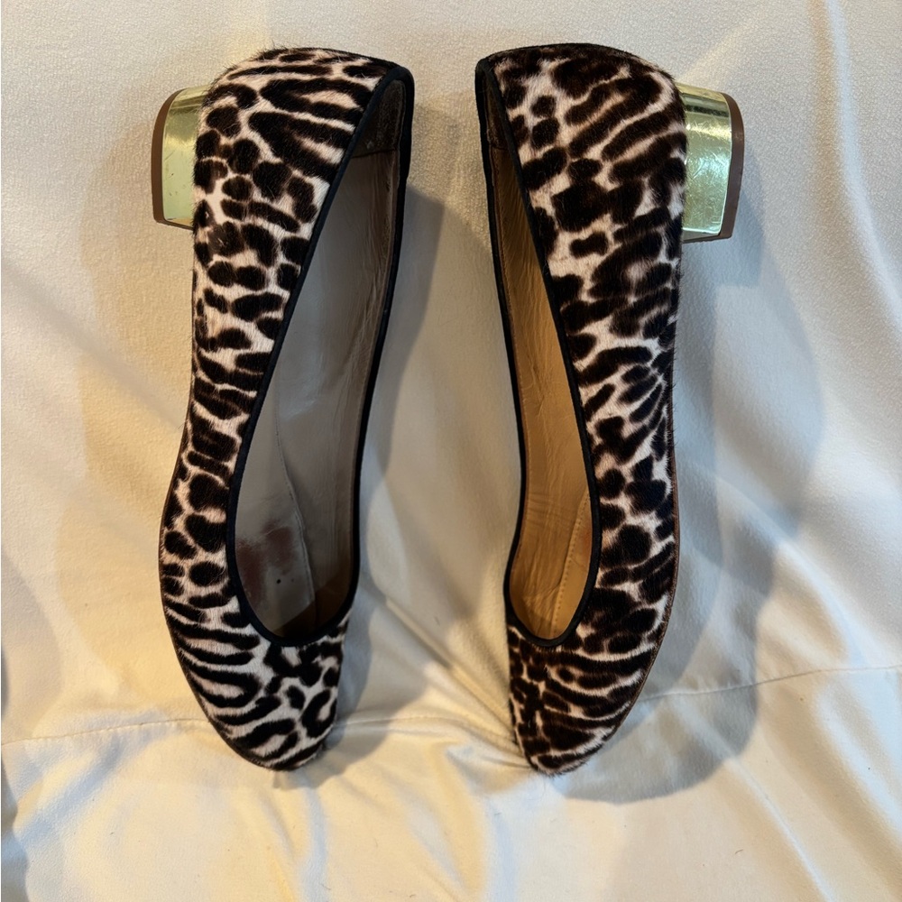 J. Crew Leopard Print Calf Hair Heels with Gold Heel, Size 5.5